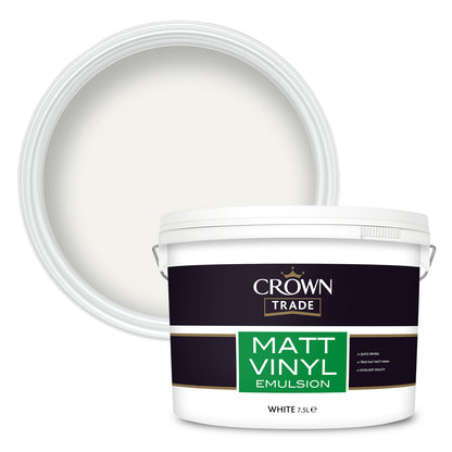 Crown Trade Quick-Drying Matt Vinyl Emulsion Paint - White - 7.5 Litre