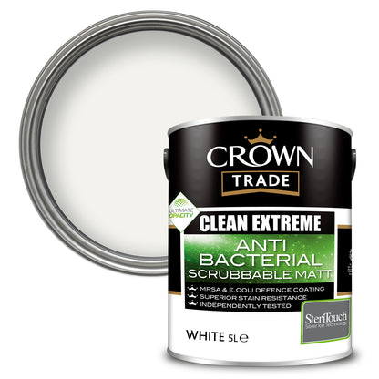 Crown Trade Clean Extreme Anti-Bacterial Matt Paint - White - 5 Litre