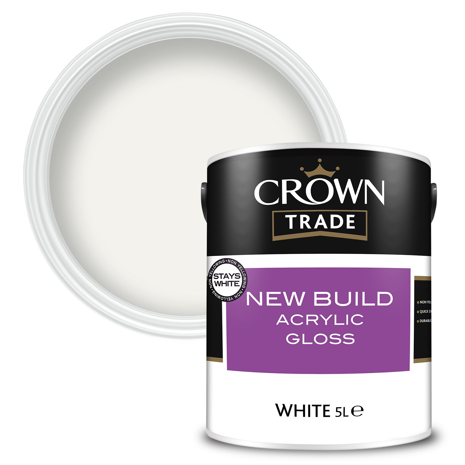 Crown Trade New Build Acrylic Gloss Paint - White - 5 Litre